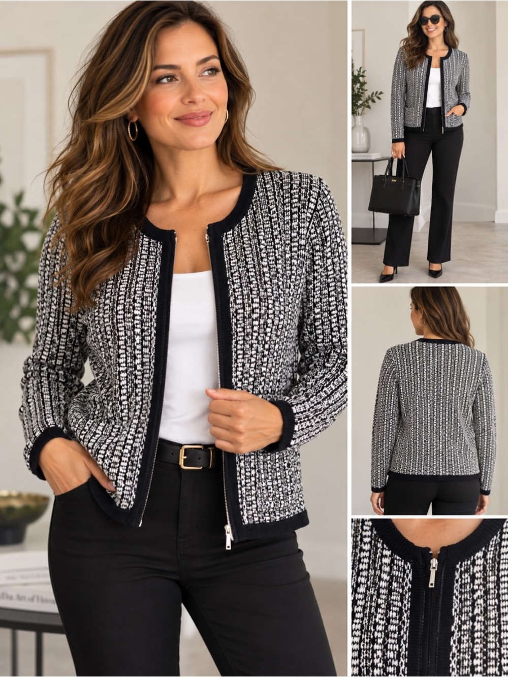 CHAPS Women L Black White Textured Knit Full Zip Cardigan Sweater Jacket Cotton